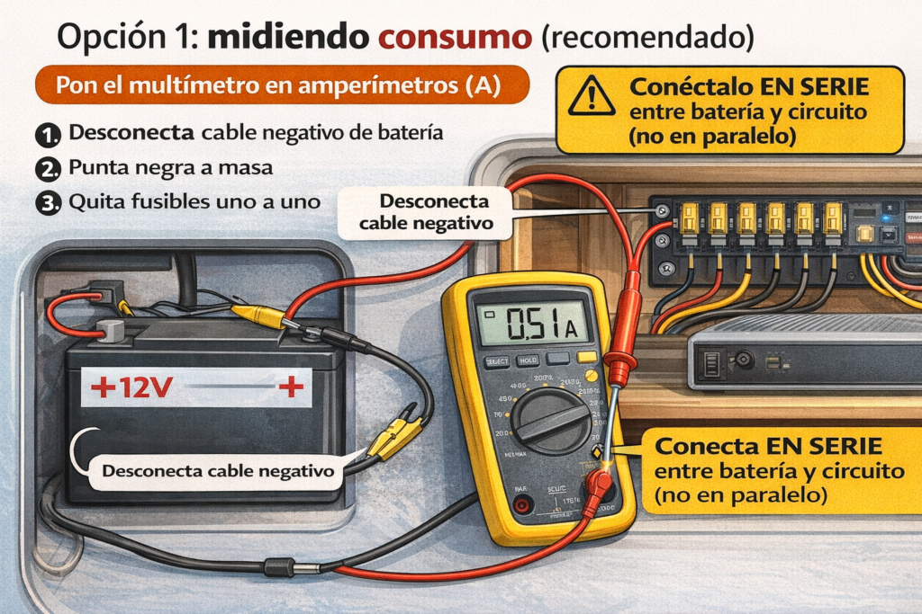 EN ILUSTRATIVA DE MULTÍMETRO MIDIENDO CONSUMO EN INSTALACIÓN ELÉCTRICA CAMPER