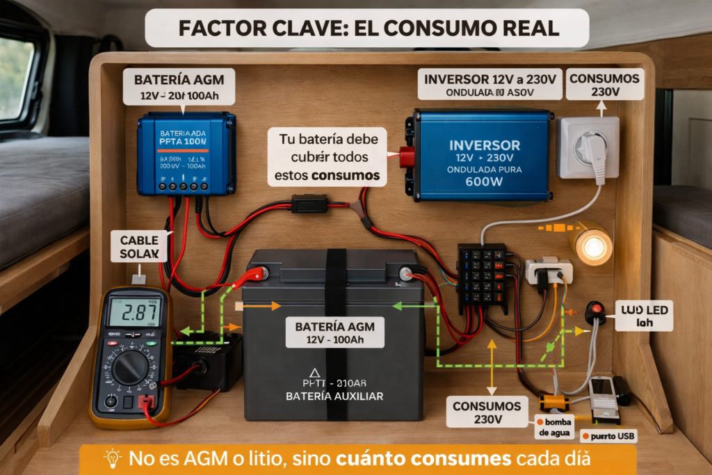 imagen de consumo con multimetro de cargas en una camper