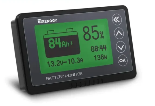 Renogy battery monitor showing 84Ah remaining, 85% state of charge, 13.2V and 10.3A discharge