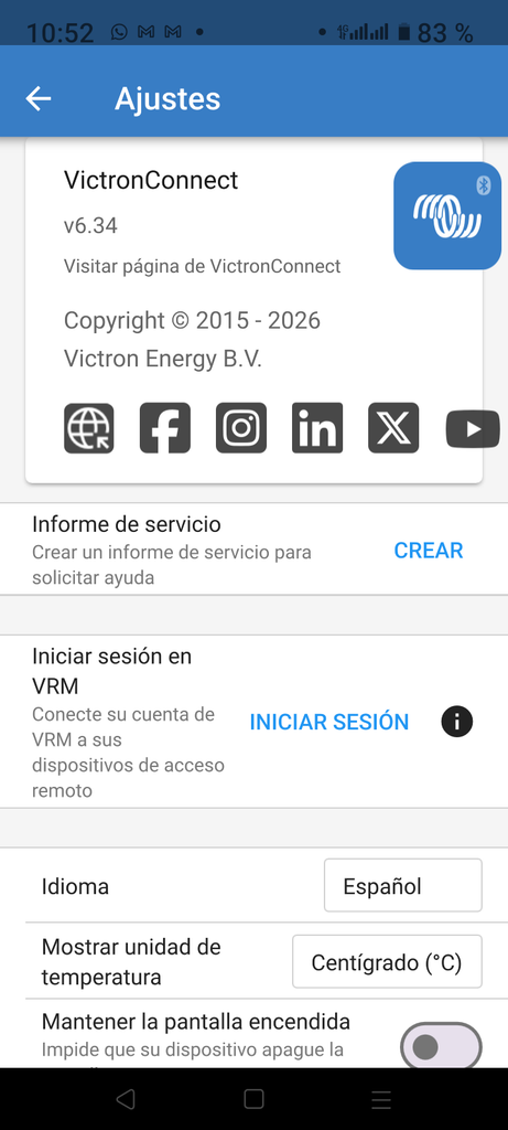 The VictronConnect app — this is where you'd check panel voltage, battery voltage, and charge status directly, instead of relying on the LED alone.